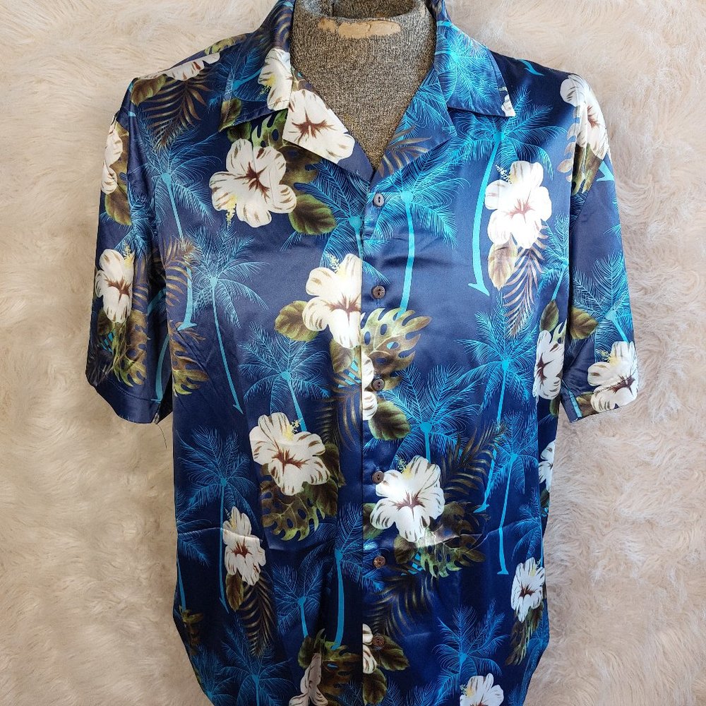 Hotouch Men's Blue Tropical Floral&Palm Tree Print Hawaii Shirt Siz L